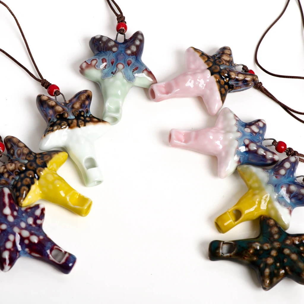 Handcrafted Ceramic Starfish Whistle Pendant Necklace Adjustable Wax Cord Colorful Bohemian Ethnic Style Jewelry