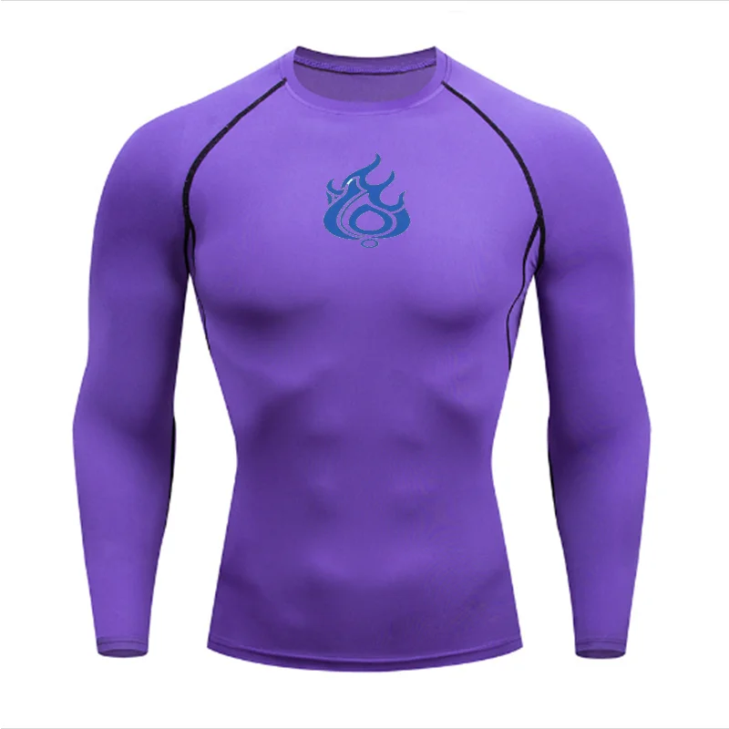 Men's Quick Dry Long Sleeve T-Shirt, Breathable Moisture Wicking Fitness Top, Stylish Blue Flame & Geometric Emblem Print, Li