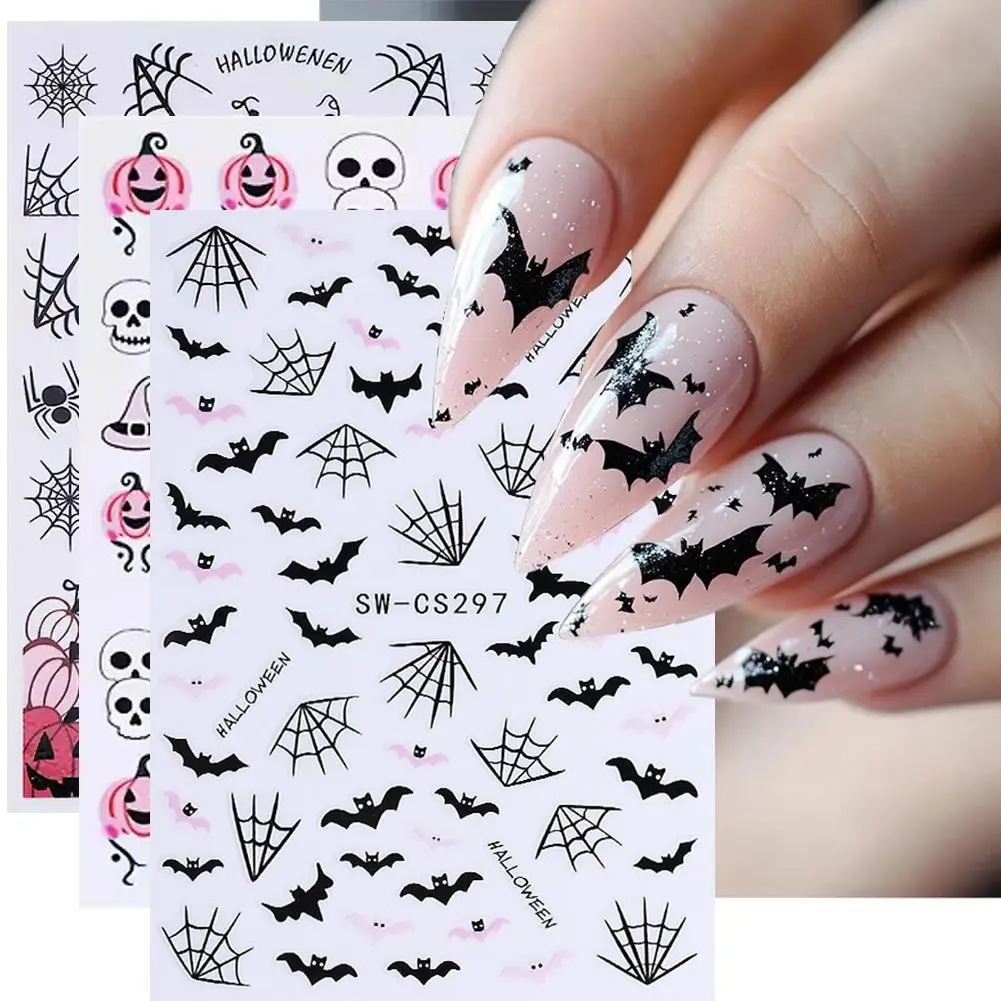 Halloween Nail Art Stickers Pink Pumpkin Bat Skull Nail Cute Themed Stickers Decals Art Ghost Nail Bestselling Spooky S2H0
