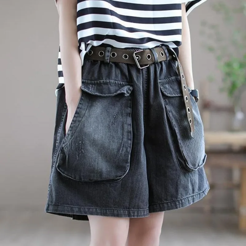 Vintage Harajuku Elastic High Waist Denim Shorts Summer Women Casual Chic Jeans Shorts Pockets Wide-legged Trousers Skirts New