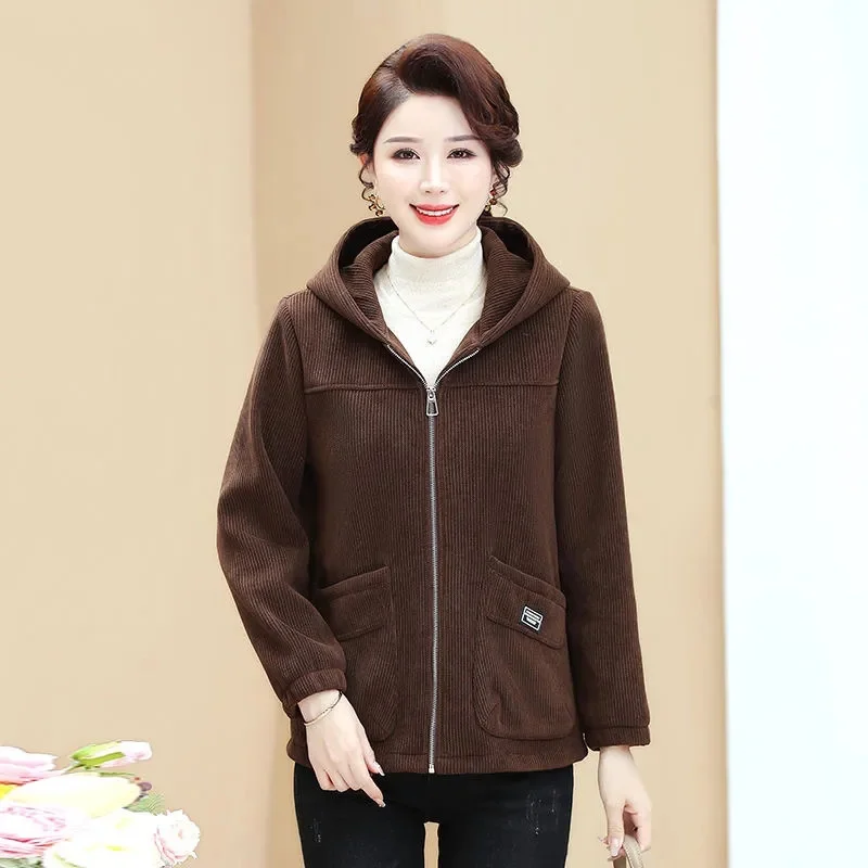 New Autumn Winter Corduroy Coat Women Add Velvet Warm Hooded Jacket Middle-Aged Mother Casual Outwear Joker Ladies Overcoat Tops