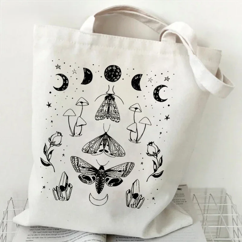 Women's Canvas Shopping Bag Sun and Moon Insects Design Tote Bags Funny Entomology Pattern Designer Tote Bags for Teenager Girls