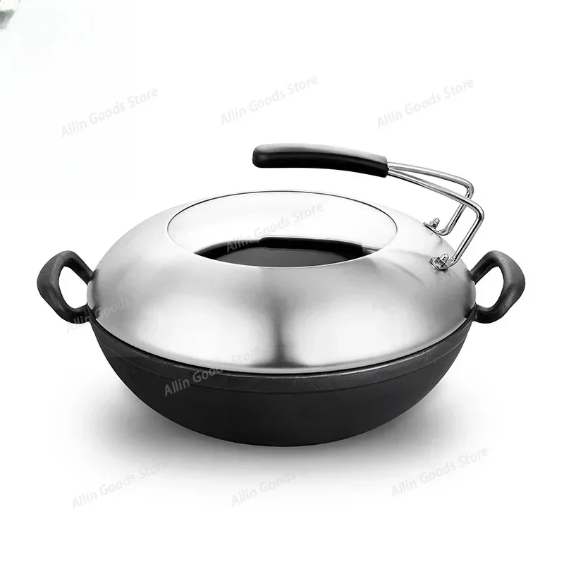 Traditional Old-Fashioned Cast Iron Wok 34cm Non-Stick Frying Pan for Gas and Electric Stoves