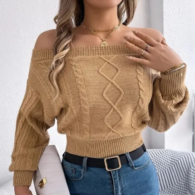 

Casual Solid Sexy Slash Neck Off Shoulder Long Sleeve Knit Pullover Sweater for Women's Pullovers New Twists Short Sweater Tops