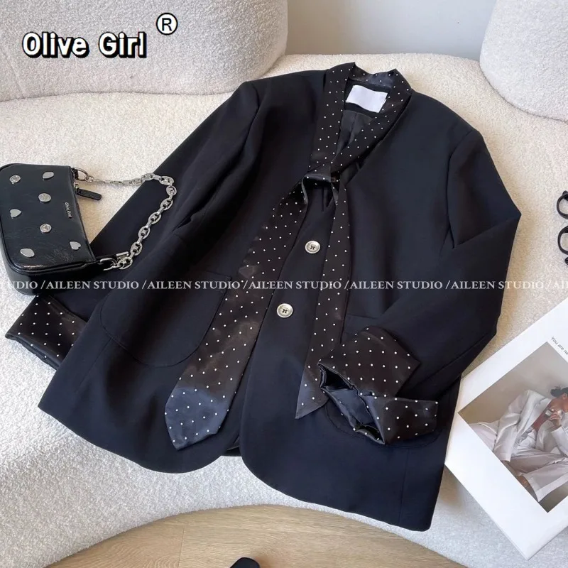 Olivegirl Black Blazer Jacket Women's Top 2026 Spring Splicing High-end Elegant Temperament Blazer Top