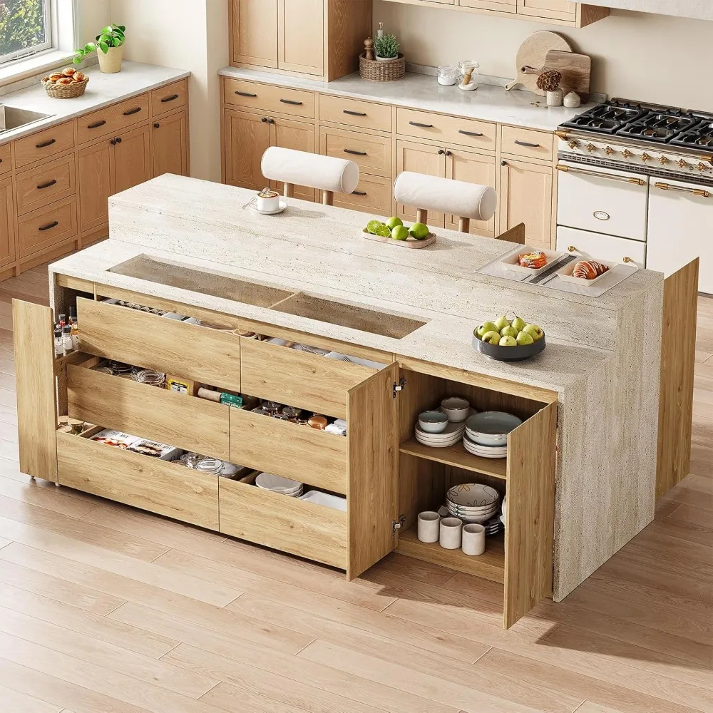 جزيرة مطبخ على سطح الطاولة بطبقة مزدوجة مع خزانة تخزين وأرفف قابلة للتعديل، تتميز بـ 6 أدراج