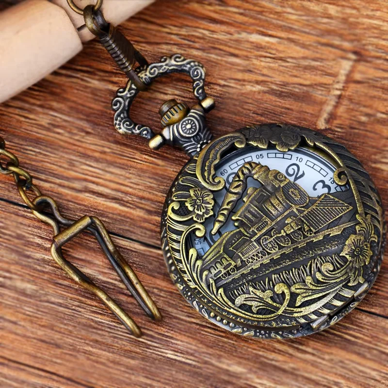 9038Large bronze carved hollow locomotive vintage quartz pocket watch Classic flip inside white black pocket watch