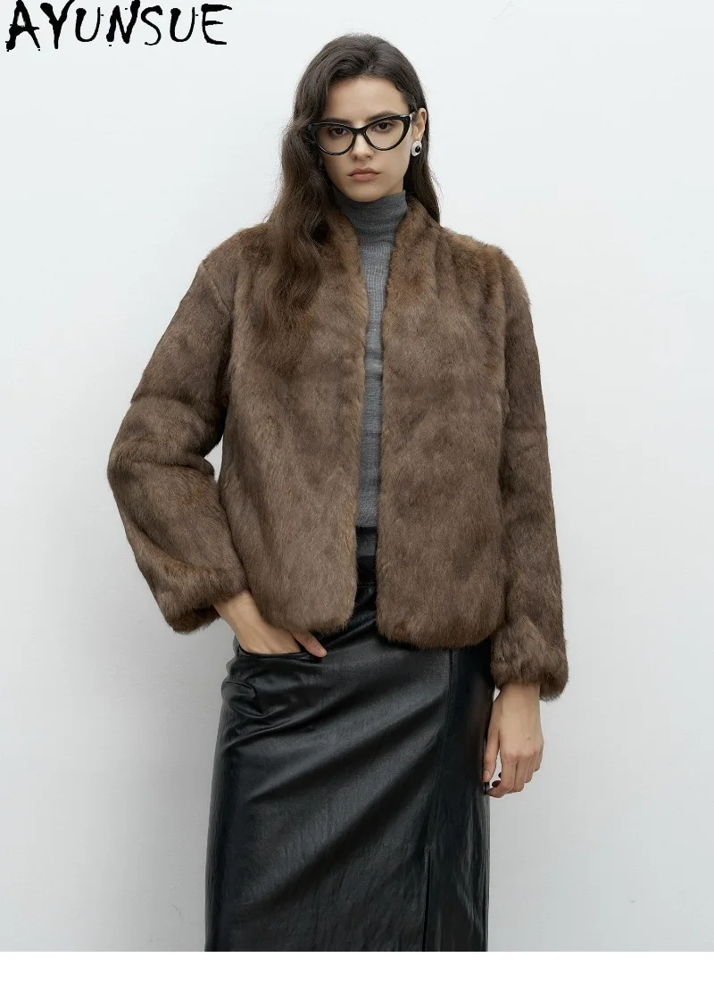AYUNSUE Natural Rabbit Fur Coat Warm Women Winter Jacket Short Length Small V Neck Clothing Loose Fit Fashion 2026 Дубленка