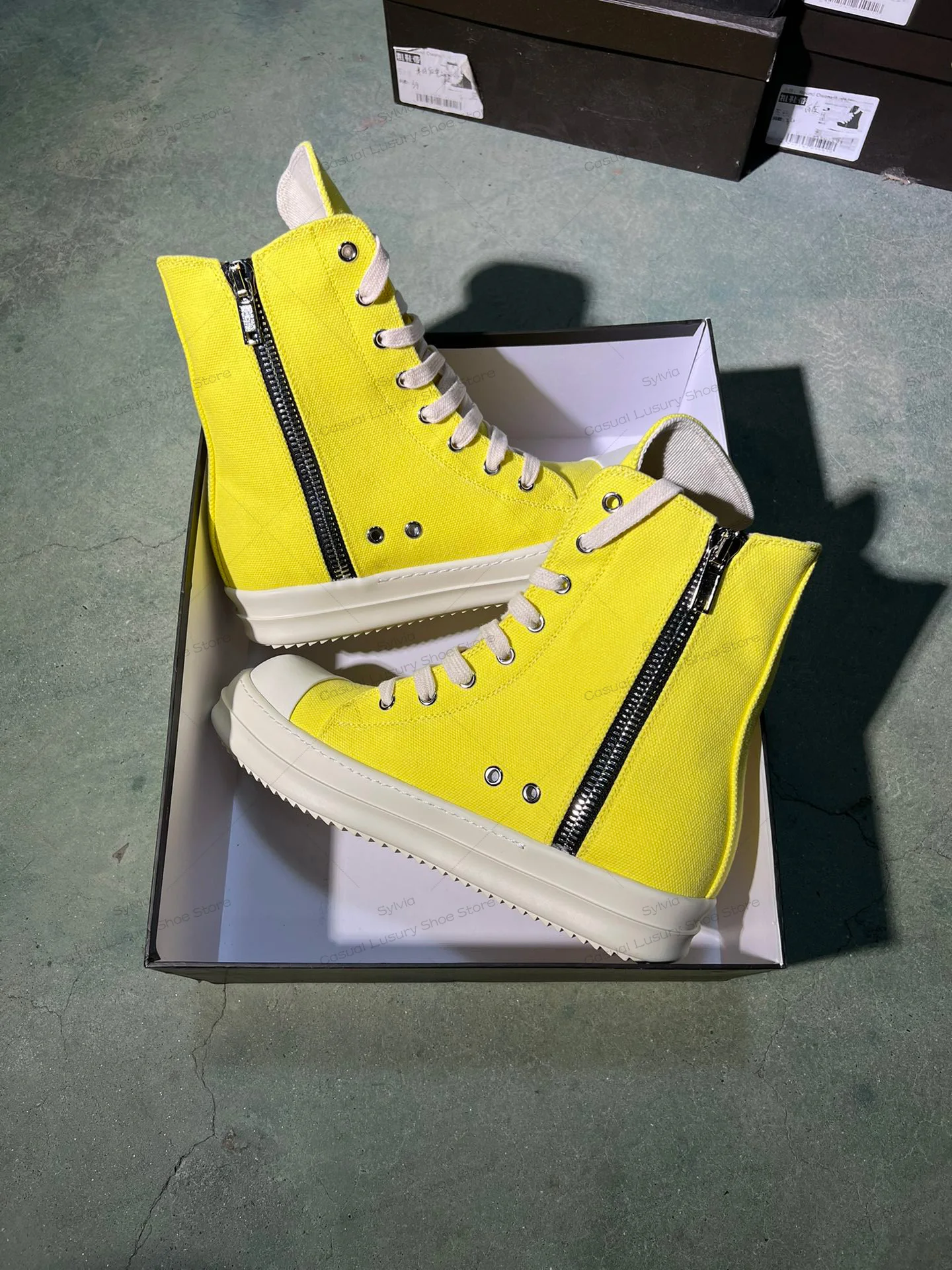 Ricks sapato masculino owens feminino brilhante amarelo exército verde fruta verde lona alta superior sapatos casuais com rendas até zíper owens tênis