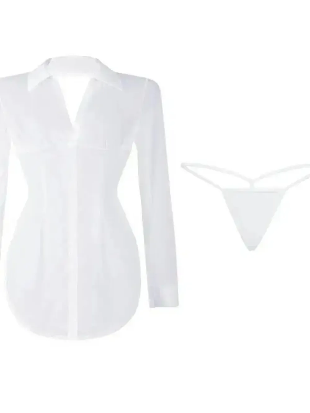 ชุดเดรสกระโปรงสั้นแบบเสื้อเชิ้ตผู้บริหารสไตล์ OL คอปกพับลง โชว์หลังสวย คอลึกแบบผูกเชือก ผ้าซีทรูบางเบา ดูหรูหรา