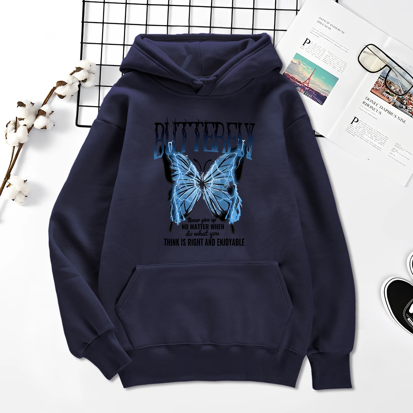 Blue Lightning Butterfly Creative Word Printing Clothes Mens Hip Hop Style Fleece Pullover Street Fashionable Male Hoody