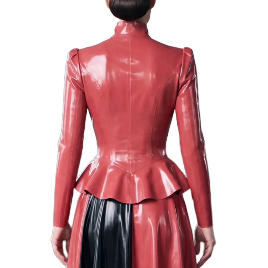 Sexy Latex Peplum Blouses With Hidden Buttons Stand Collar Long Puff Sleeves Rubber Riding Habit Shirts Top Clothing Uniform 436 - view 2