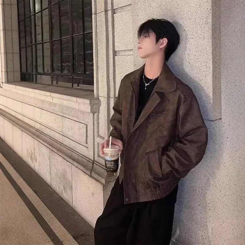 Men's American High Street Trend High-grade Sense of Baggy Lapel Handsome Biker Jacket Spring  Autumn Vintage Brown Leather Coat