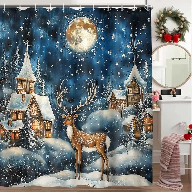 Winter Forest Elk Snowy Cabin Oil Painting Christmas Shower Curtain No Drilling 12 Hooks Waterproof Bathroom Decor