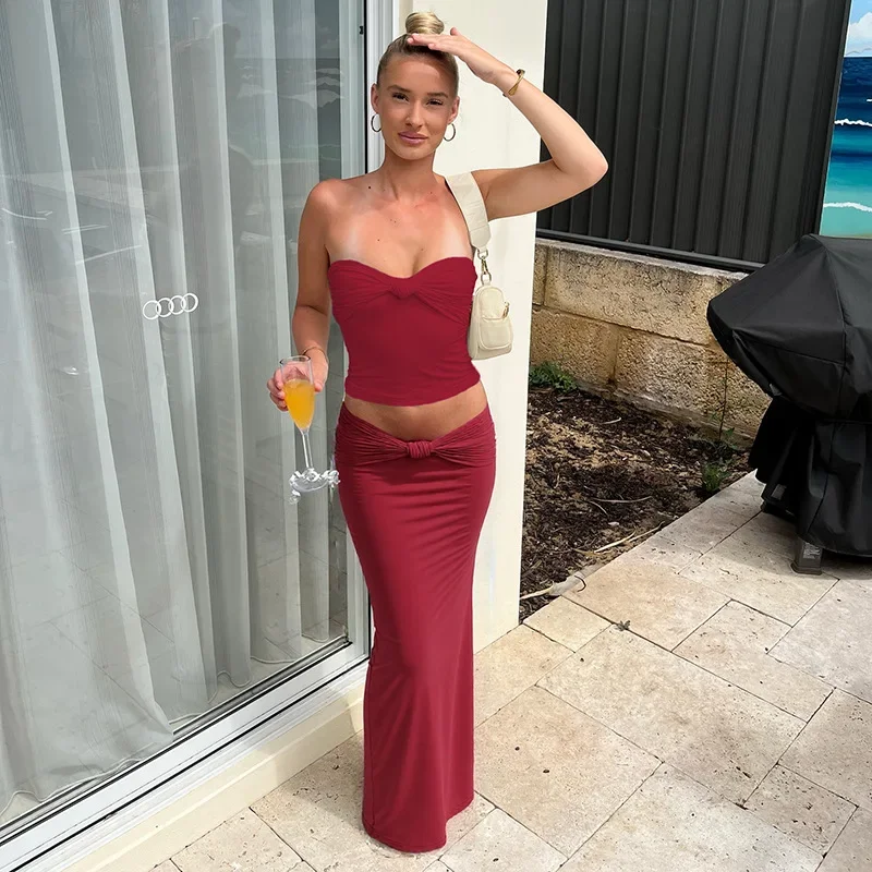 

Women's Solid Skirt Sets Sexy Strapless Slim Holiday Party Outfits Red Backless Tube Top and Maxi Skirt Two Piece Set 2025
