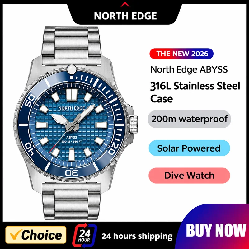 NORTH EDGE 2026 NEW ABYSS Solar Powered Dive Quartz Luxury Watch 200M Waterproof Dive Sports Watches 316L Steel 180+ Day Power