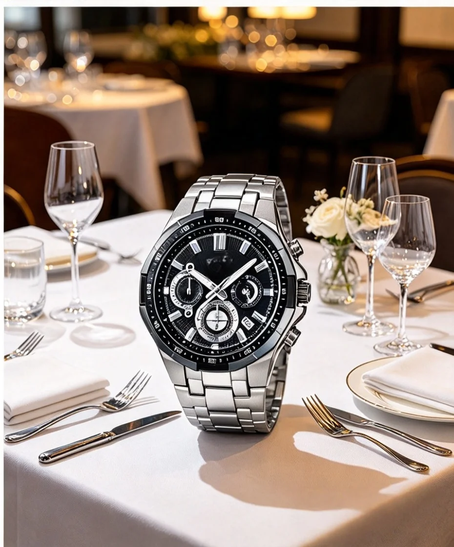 Full-featured digital watch: a stylish blend of business and sport; large dial design; available with a steel or leather strap