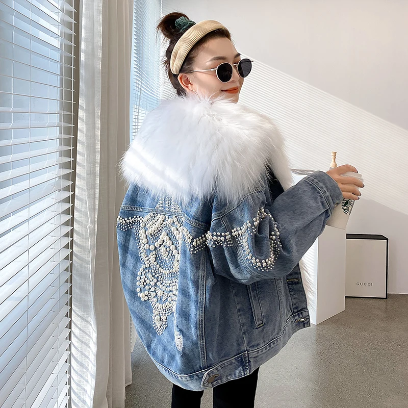 デニムジャケット レディース 本物のファー襟付き 女性用冬用パーカー 新しいフォックスファーコート ビーズ付き 取り外し可能なダウンライナー ストリートウェア 女性用