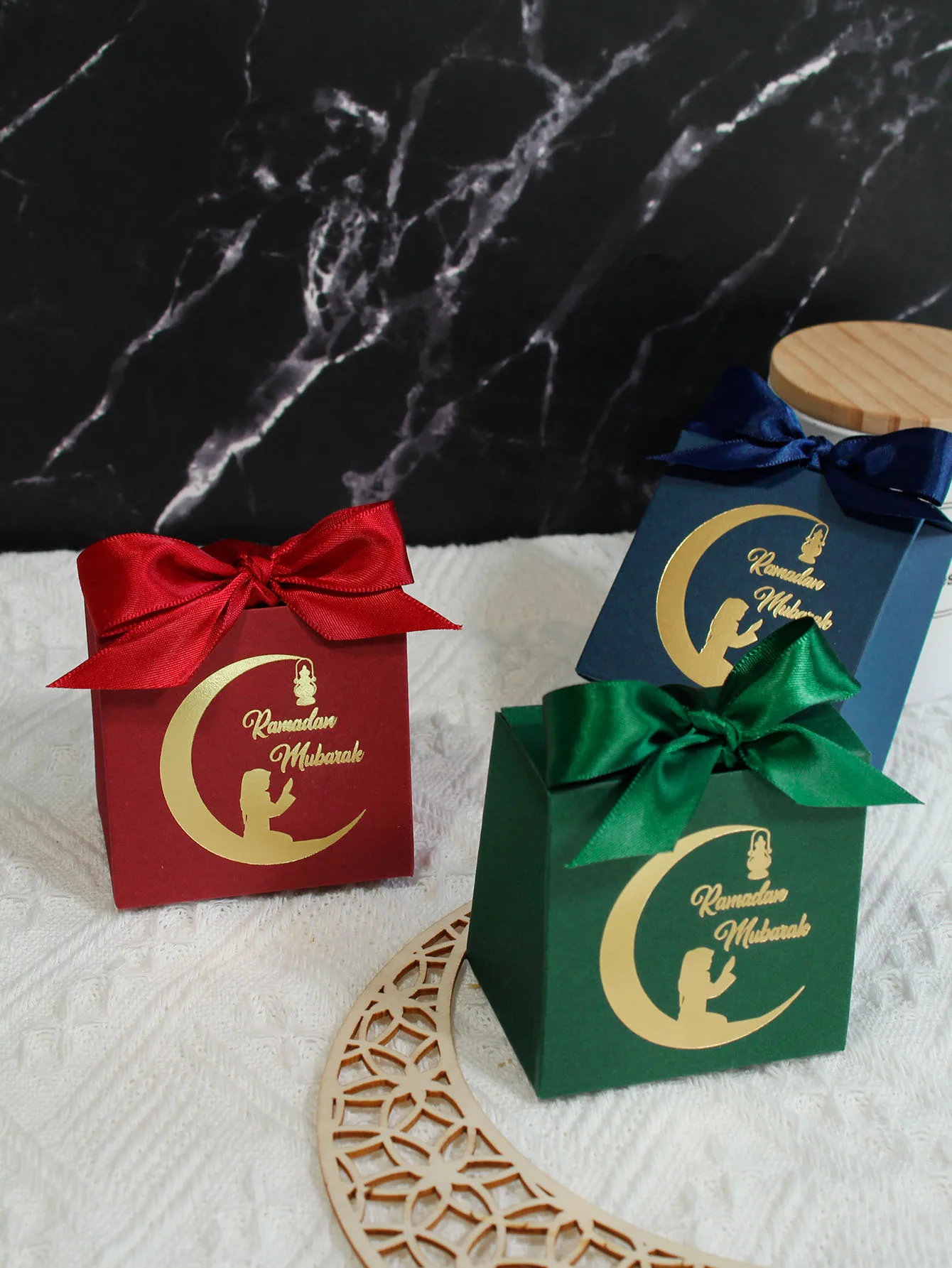 Eid Mubarak Gift Box With Silk Ribbon Ramadan Kareem Candy Chocolate Packaging Bags Muslim Islamic Festival Party Decor