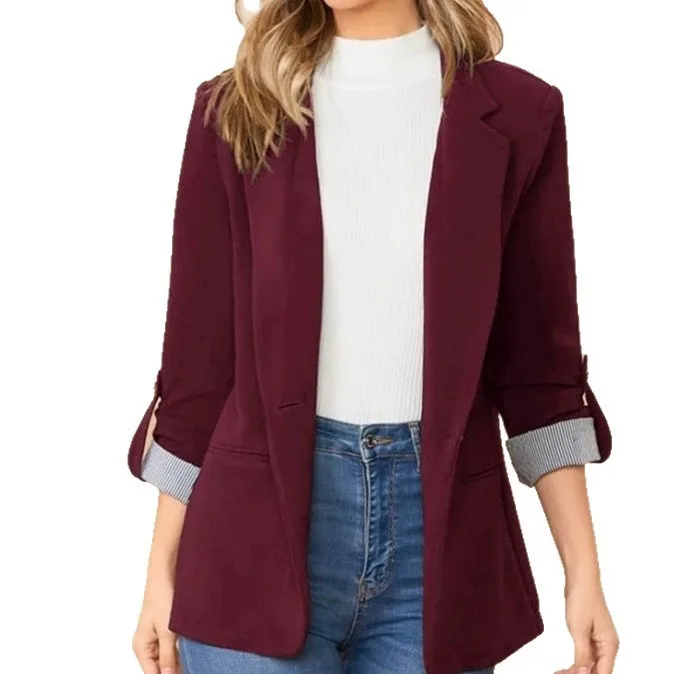 Women Blazer Long Sleeve Notched Lapel Blazers Navy Blue Suit Jacket Open Front Cropped Blazer Crop Top Woman Women's Rolled