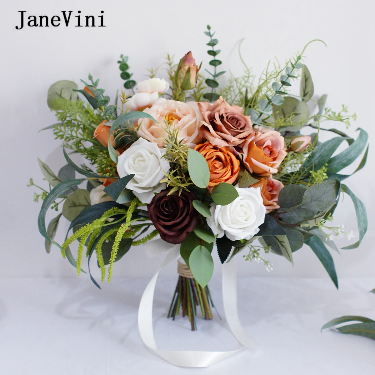 JaneVini-ramos De rosas De café Vintage para boda, flores artificiales De champán De seda, ramo falso para Novia al aire libre, Accesorios De Novia