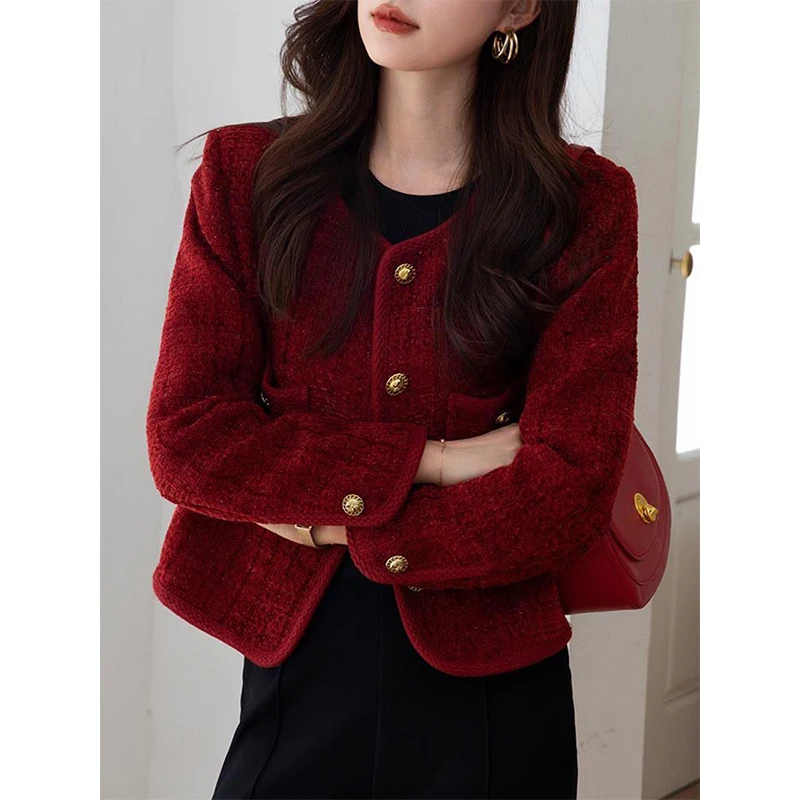 Vintage Tweed Jacket Women Cropped Suit Coat Fall Winter Korean Long Sleeve Outerwear Ladies Elegant Chic All Match Blazer New