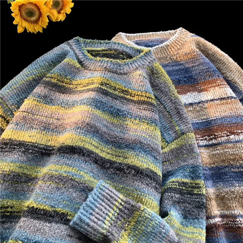 Men's Tie Dye Knit Sweater Crewneck Knitted Pullover Contrast Long Sleeve Knitwear 2024 Autumn Warm Cashmere Sweater Jumper