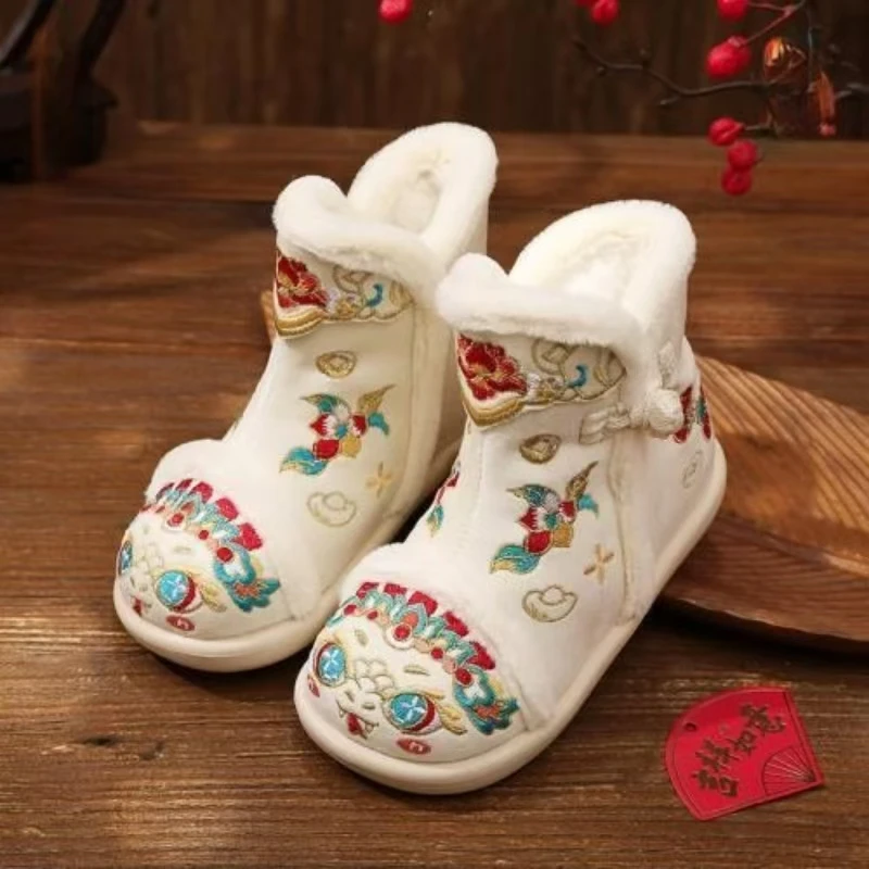 Girl's Ethnic Style High Top Embroidered Snow Boot Winter New Plush Keep Warm Round Toe Slip On Hanfu Ankle Cotton Boots