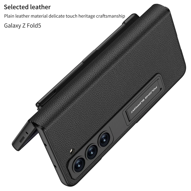 For Samsung Galaxy Z Fold 5 Case GKK Plain Leather Folding Flannel Lining Kickstand Cover With Pen Slot For Galaxy Z Fold5