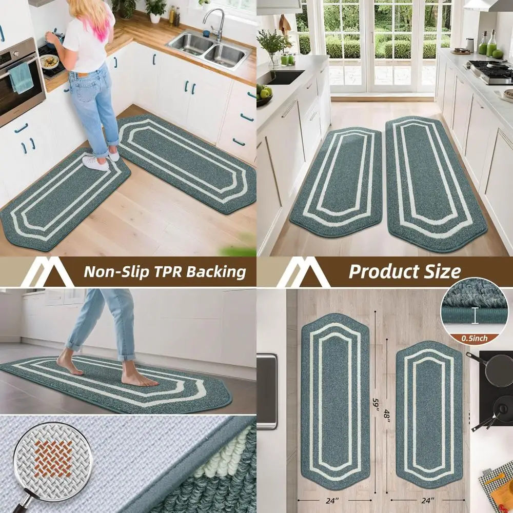 

Set of 2 Non-Slip Kitchen Floor Mats, Washable, Stain Resistant, 24x48 & 24x59, Lake Blue