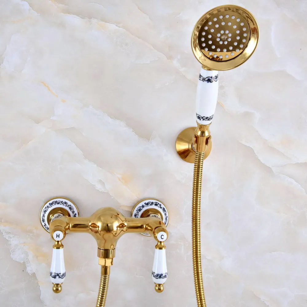 

Gold Color Brass Wall Mounted Bathroom Hand Held Shower Faucet Set Bath Mixer Taps ana987