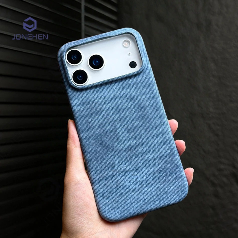 حافظة جلدية مغناطيسية من قماش الدنيم Pu لهاتف آيفون 17 Air 16 Plus 15 14 13 Pro Max 17p غطاء رفيع نصف إطار لاسلكي لـ Magsafe