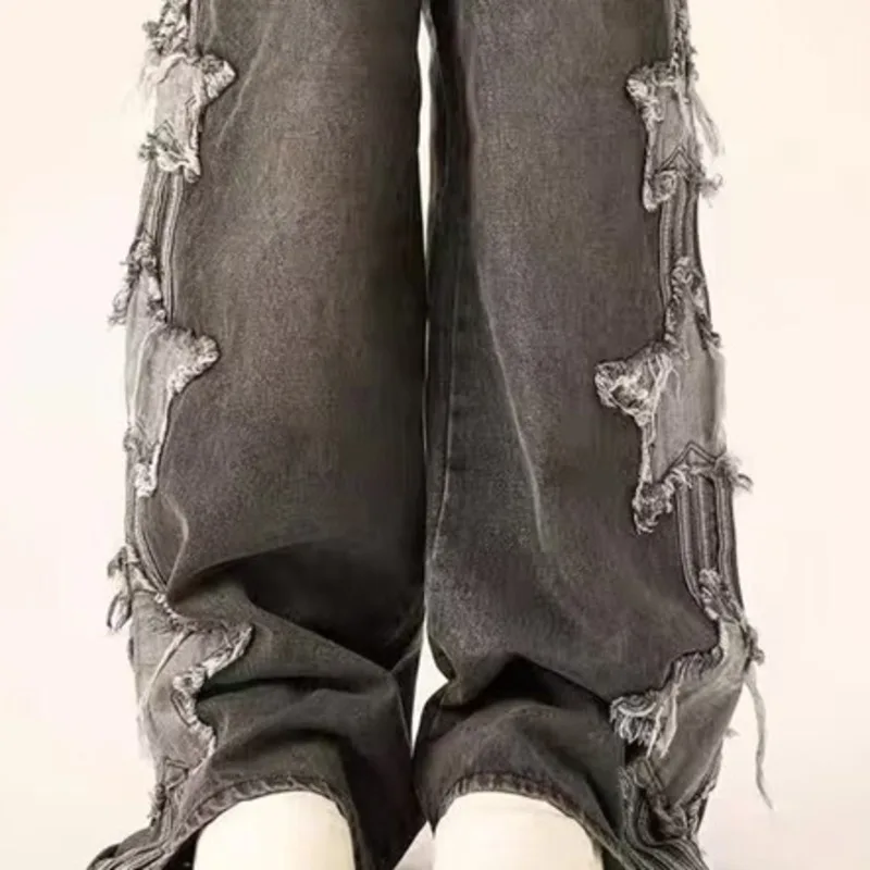 ANJY Autumn Winter New Women's Spliced Star Niche Chic Tide Loose Wide-Leg Jeans American High Street Fashion Denim Pants A14830
