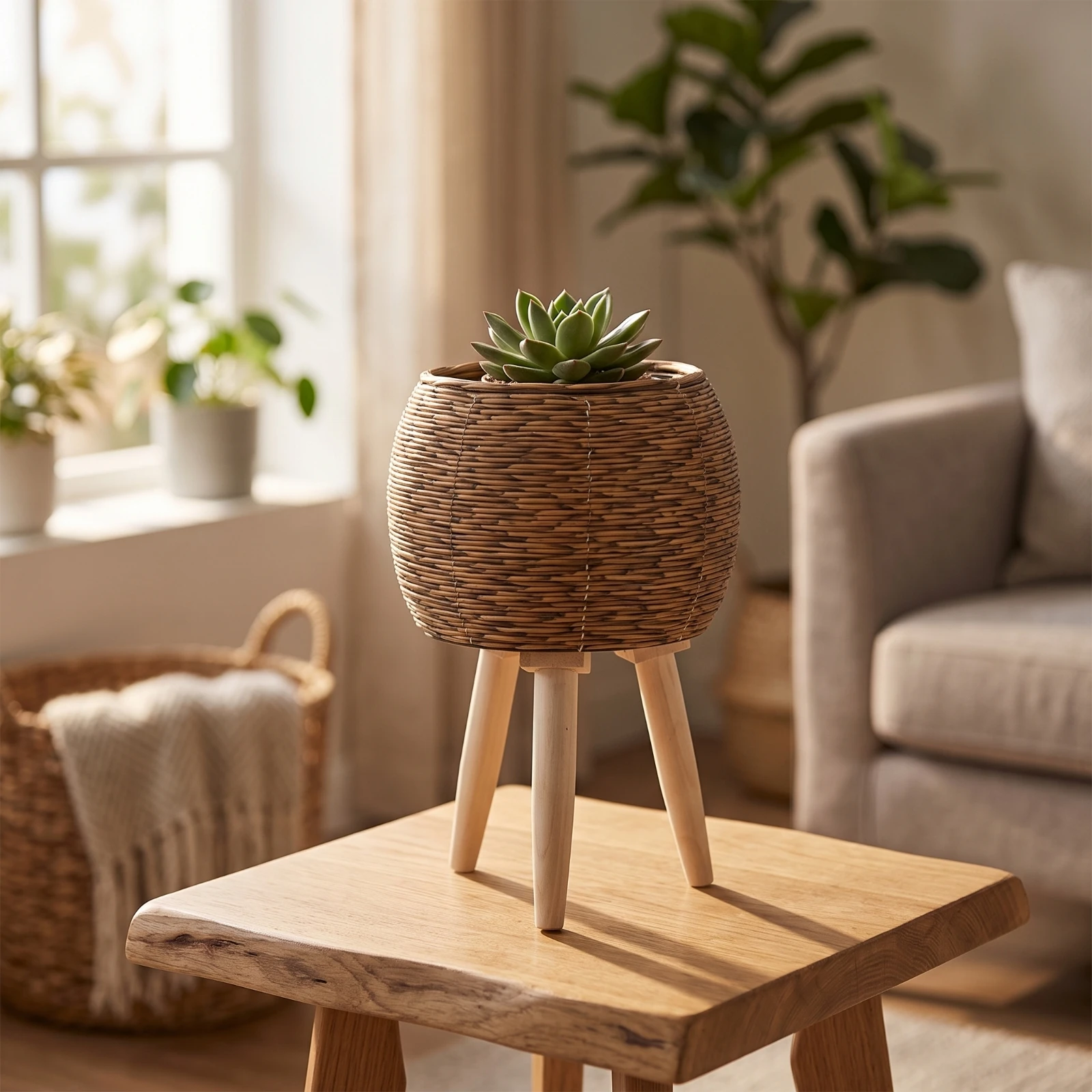 Planter with Legs Raised Rattan Style Plant Pot Rattan Planter with Stand Detachable Legged Flower Pot Decorative