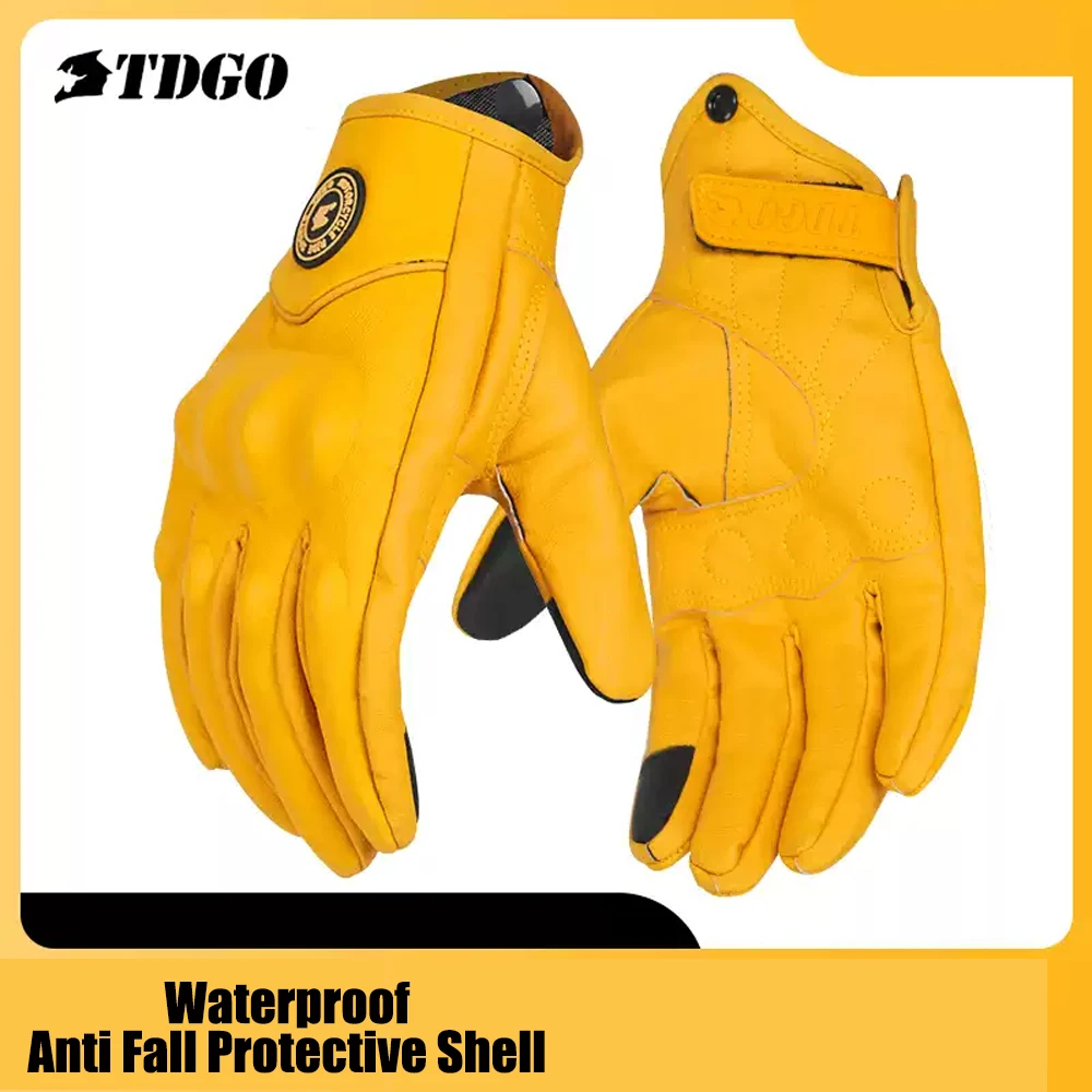 

Retro Yellow PU Leather Motorcycle Gloves Men Women Motorbike Racing Gloves Touch Screen Motocross Moto Glove Four Seasons