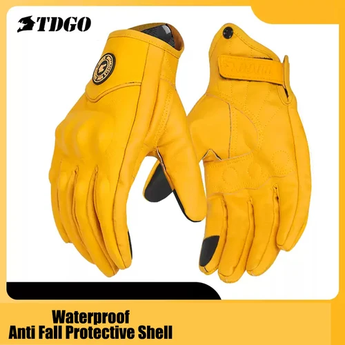 Imagen 2 del producto Guantes de Moto de cuero PU amarillo Retro de invierno para hombre y mujer, guantes de carreras para Moto con pantalla táctil, guantes para Moto de Motocross para las cuatro estaciones