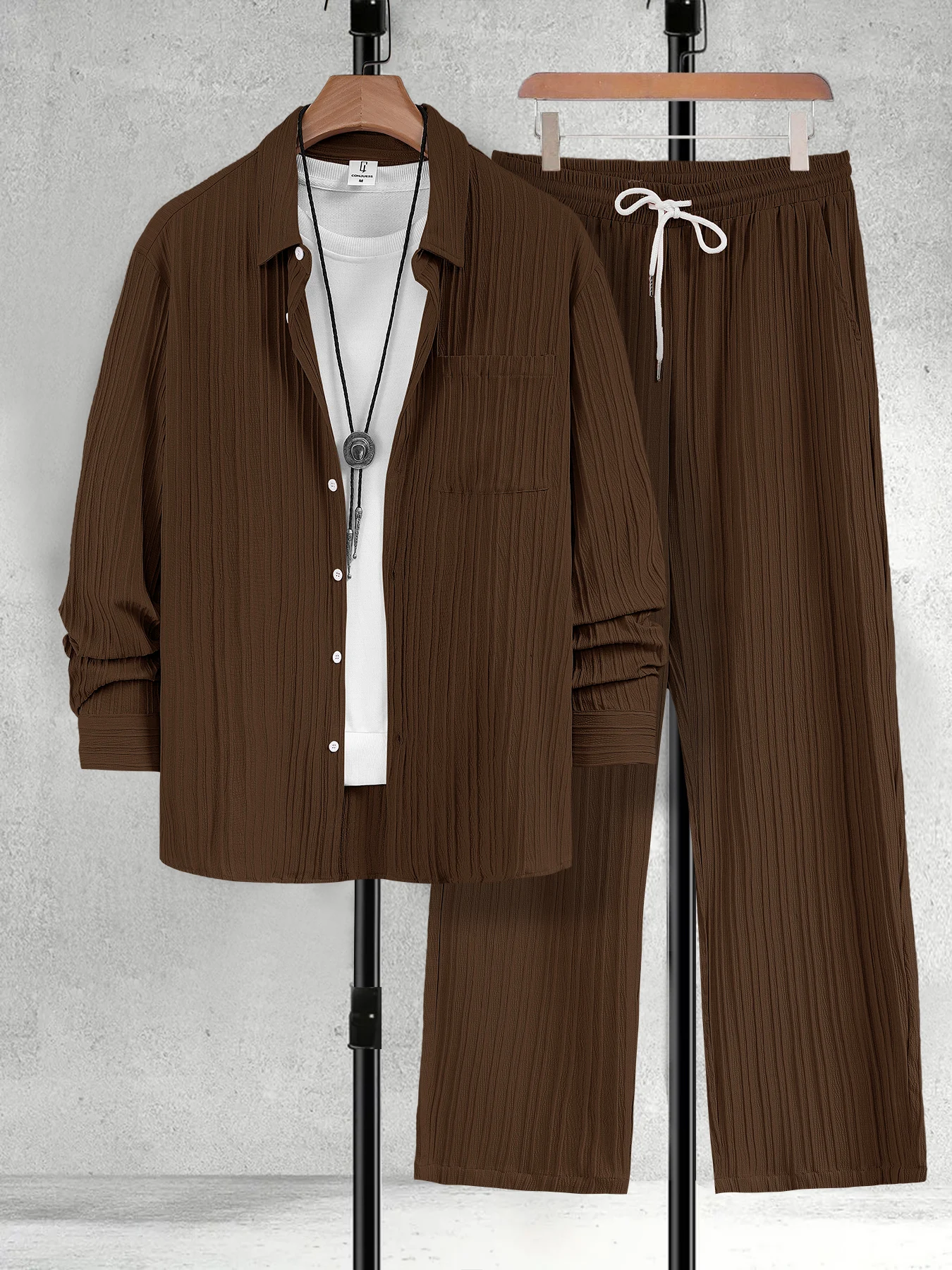 

Men's Coffee Vertical Striped Textured Long Sleeve Shirt & Drawstring Pants Set Spring Autumn Casual Commuter 2 Piece Outfit