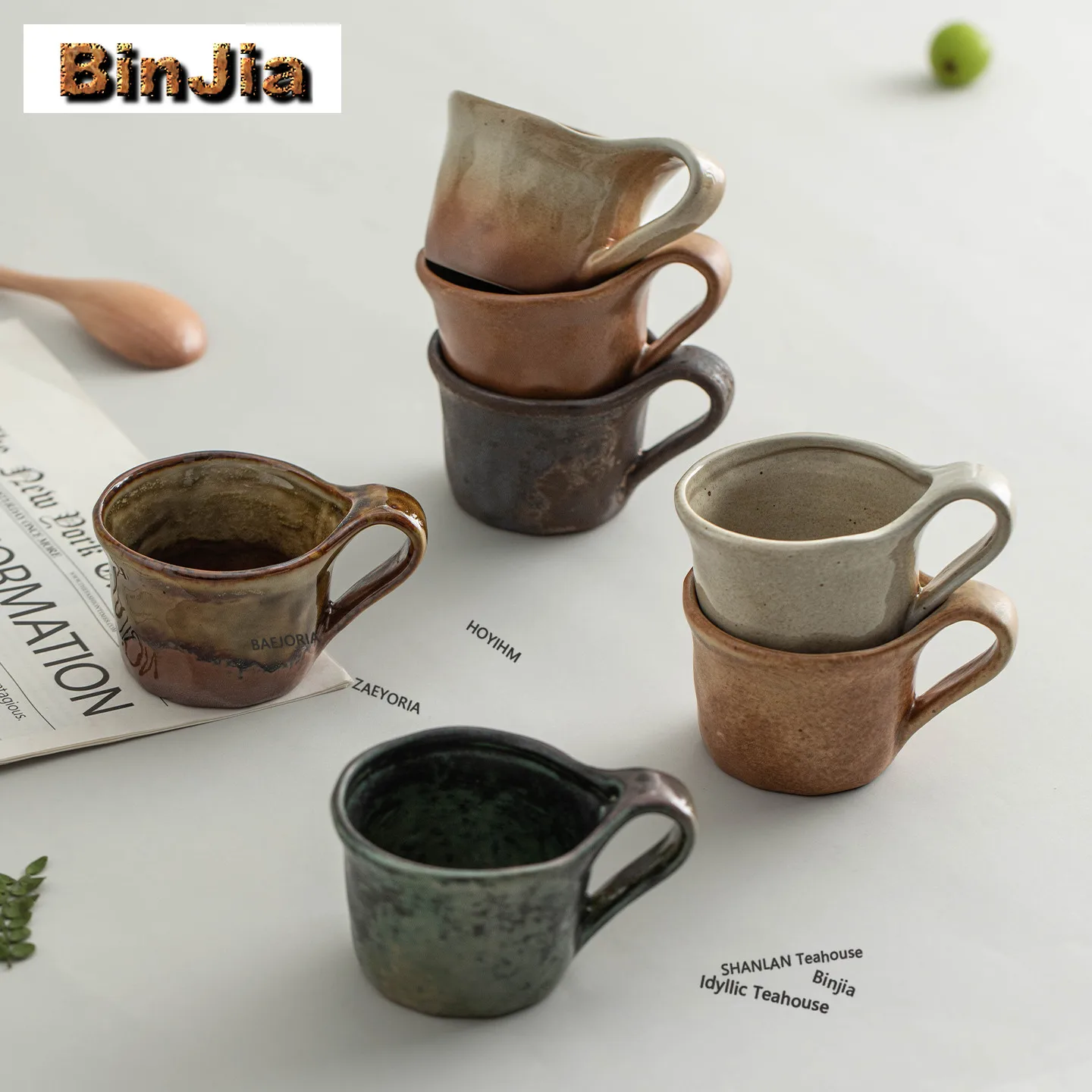 BAEJORIA 200ml Wabi-sabi Style Flared Handle Coffee Mug Milk Cup Afternoon Tea Mug Wine Beer Bottle Office Water Cup Drinkware