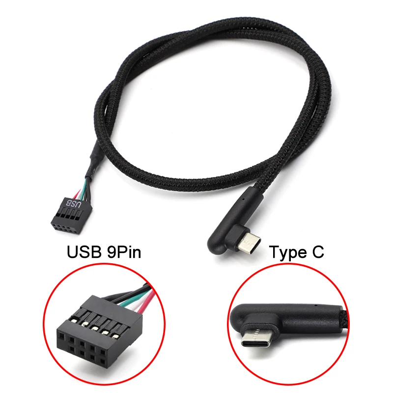 1pcs Motherboard USB 9-pin Header to Type-C Cable Shielded for Reliable Transmission Mesh Line for Motherboard Adapter 60cm