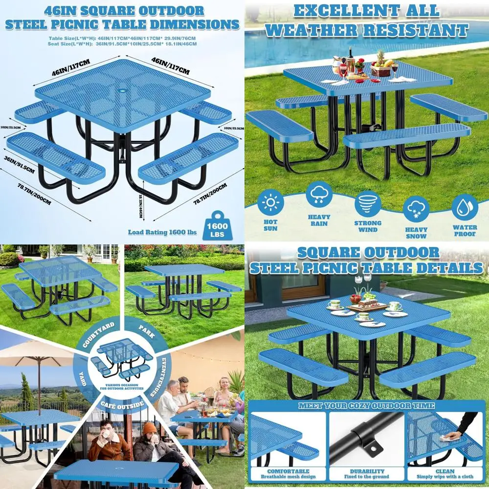 

46" Square Top Outdoor Picnic Table Set or Up to 8 Persons, Outside Table Set with 4 Built-in Benches, Metal Commercial Grade Di