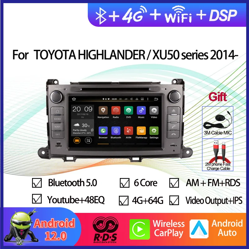 Android 12 Car GPS Navigation Multimedia DVD Player For Toyota Sienna XL30 2013- Auto Radio Stereo With BT WiFi DSP