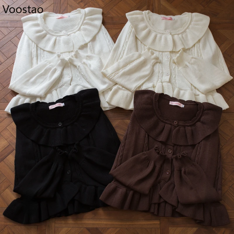 اليابانية Kawaii لوليتا البلوزات سترة المرأة أنيقة الحلو الكشكشة س الرقبة طويلة الأكمام محبوك معطف الفتيات Vintage بلايز عادية