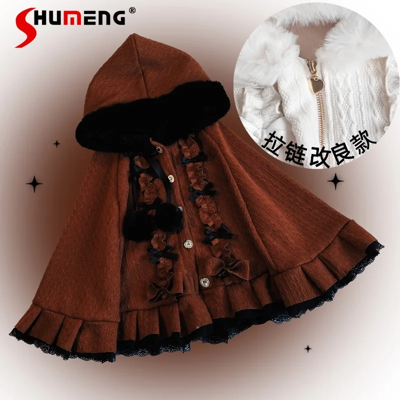 Soft Warm Cloak Coat Lolita Sweetheart Drill Mouth Hooded Fleece Short Cape Overcoat Y2k Sweet Zipper Ponchos Jacket Top Ladies