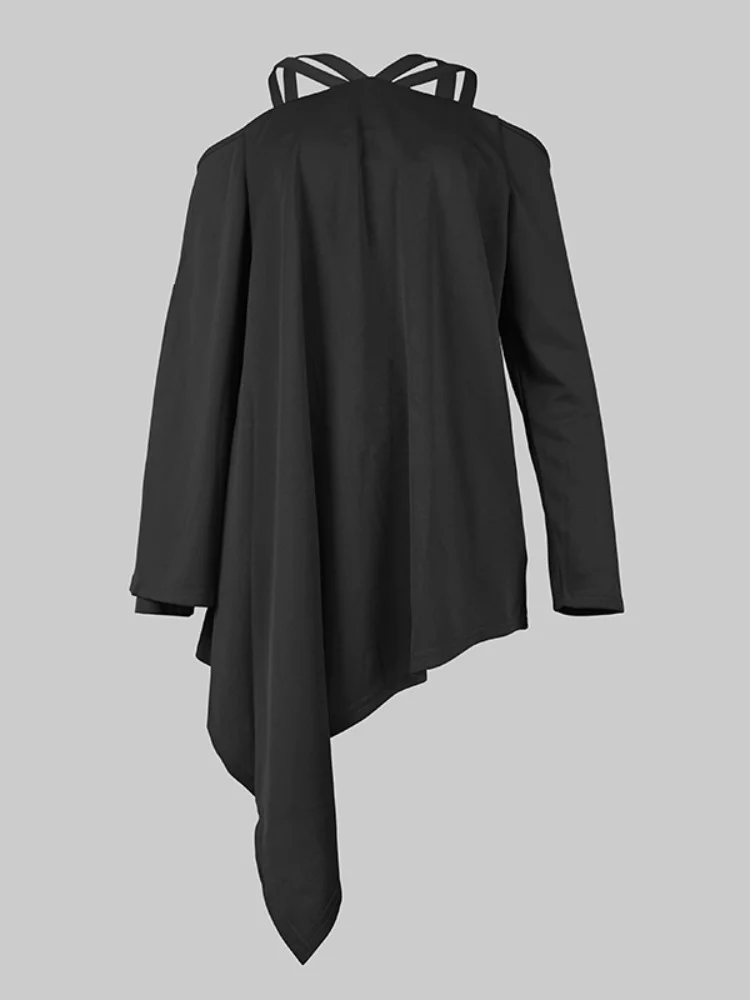 Women\'s Minimalist Daily Tops Hollowed Cold Shoulder Halter Long Sleeve Loose Pleated Shirt Elegant Asymmetric Blouse