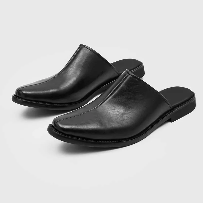 Men Casual Pointed Half-heel Slip-on Shoes Black British Trendy Versatile Business Brand Slippers Outdoor Shoes Sizes 38-46