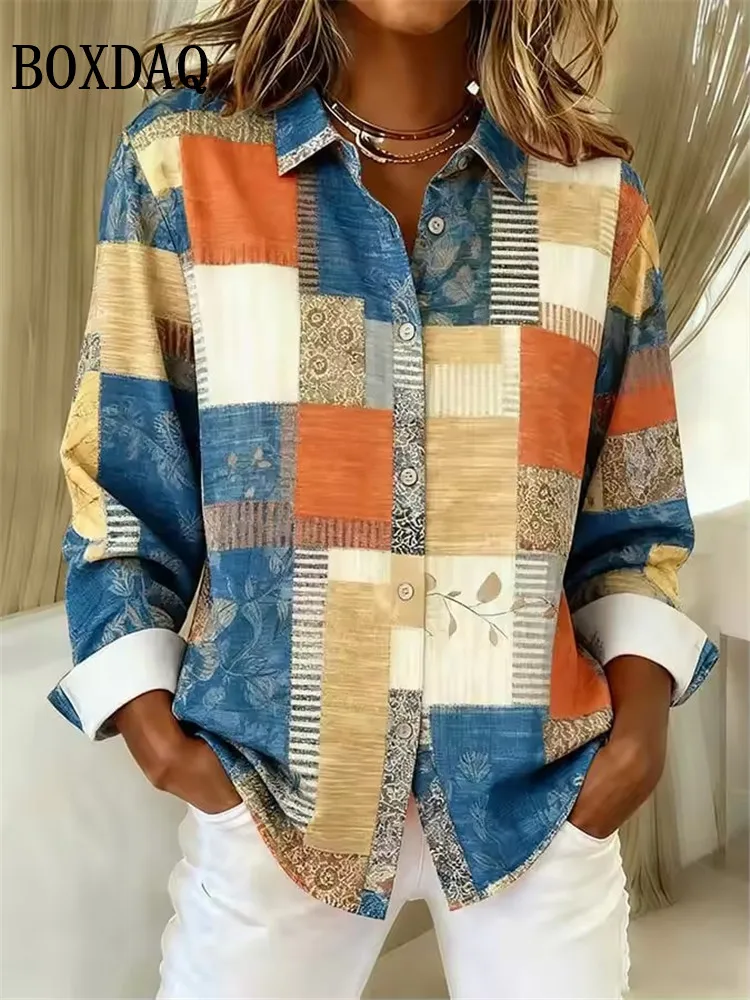 

Новая женская блузка с длинным рукавом в стиле пэчворк, весна-лето 2026, повседневная уличная одежда, классическая модная женская рубашка с отложным воротником на пуговицах