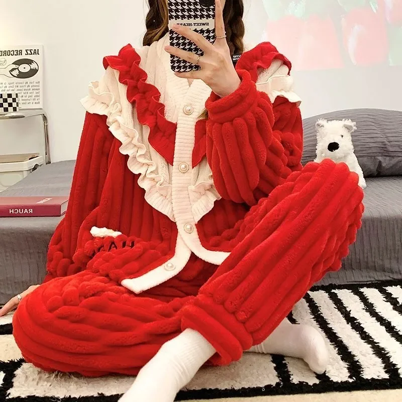 

Autumn/Winter Flannel Cardigan Warm Thick Red Home Wear Long Sleeve Pajama Set Pijamas Women Coral Velvet Pajamas for Women