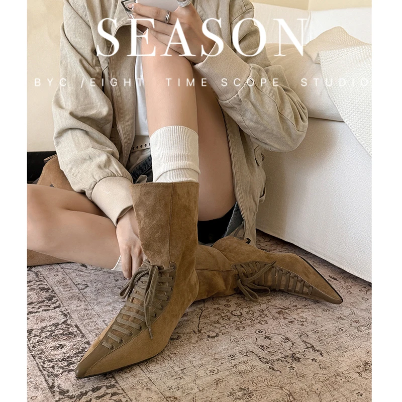 2026 new autumn winter women mid-calf boots 22-25cm cow suede+fabric+pigskin pointed toe lace-up high heel women modern boots