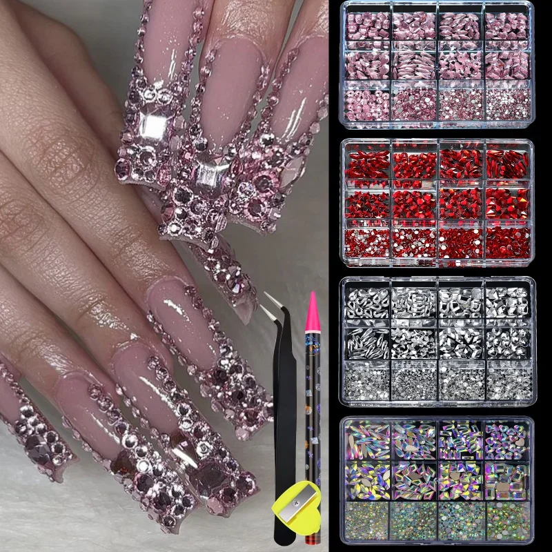 

12 Grid Diamond Jewelry Set for Nails Art Decorations Nail Ab Flat Bottom Drill Nail Art Luxe Nail Shaped Diamond Illusion Color