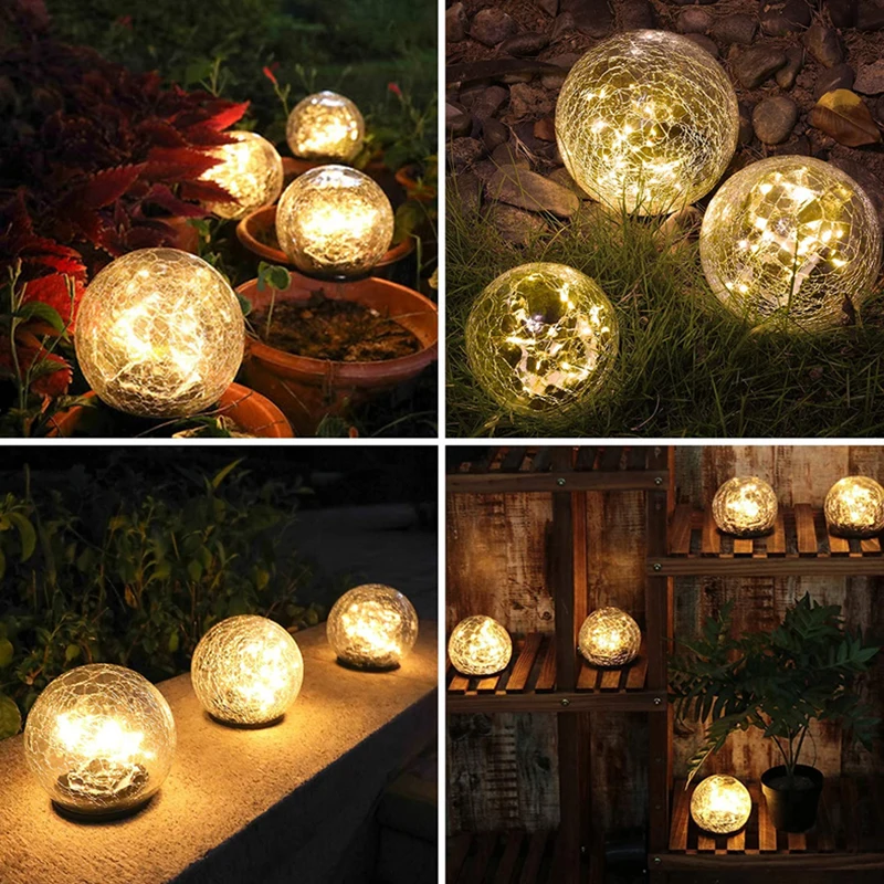 Lampe solaire LED imperméable à boule de verre craquelé, éclairage d'extérieur, luminaire décoratif, idéal pour un jardin, un balcon, une villa ou une rue